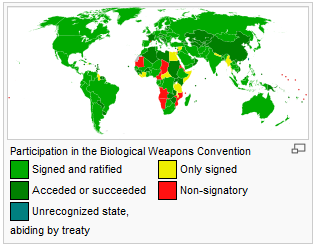 Figura 3 - Partecipazione alla Convezione sulle Armi Biologiche. In verde chiaro gli stati che hanno firmato e ratificato, in verde scuro quelli che hanno aderito, in giallo gli stati che hanno soltanto firmato ed in rosso quelli che non hanno firmato