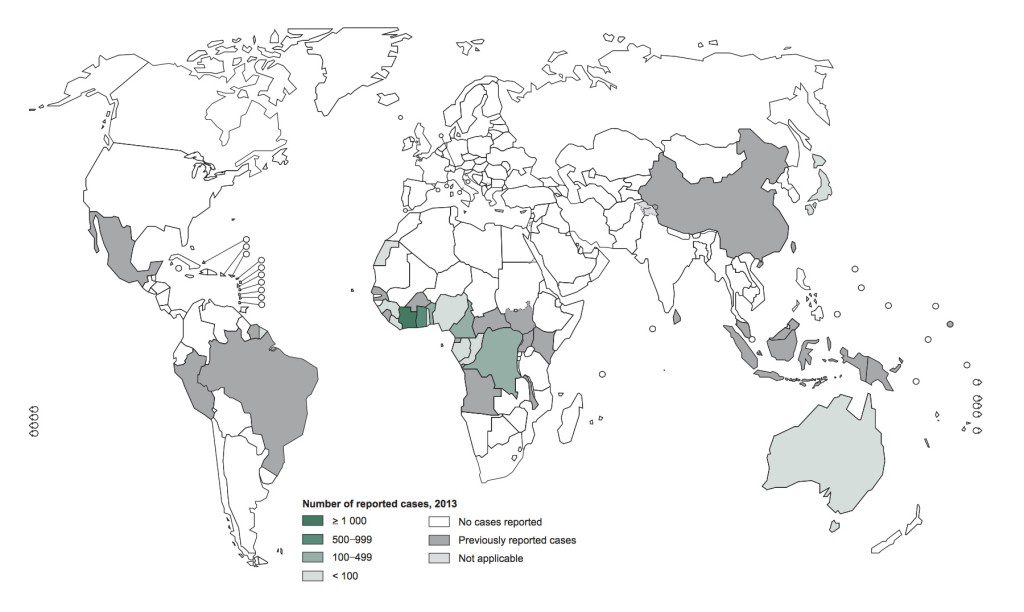Distribuzione mondiale dell'ulcera del Buruli nel 2003