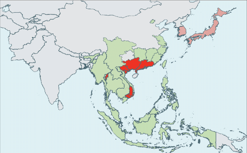 Distribuzione geografica (descrizione epidemiologica) del Talaromyces Marneffei. Distribuzione nelle zone asiatiche.