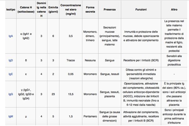 diverse classi di immunoglobuline