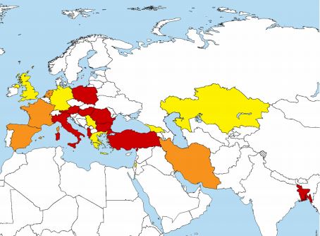 Paesi attualmente coinvolti nel registro europeo dell'echinococcosi cistica (ERCE). In rosso: paesi con centri affiliati ERCE che finora hanno ricevuto l'autorizzazione dal comitato etico e hanno assodato i primi pazienti. Orange: paesi con centri affiliati ERCE che hanno ricevuto solo l'autorizzazione dal comitato etico. Giallo: paesi interessati o in procinto di affiliazione a ERCE.