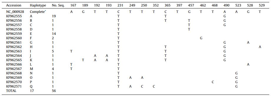Mutazioni a singolo nucleotide trovate in 17 aplotipi di E. multilocularis canadese basati sulla subunità 1 dell’enzima NADH deidrogenasi (nad1). NC_000928 rappresenta la sequenza genica completa usata per la comparazione. Le posizioni delle mutazioni sono numerate secondo il gene nad1 preso dalla sequenza genica completa. La prima posizione di nad1 corrisponde alla posizione 7419 del genoma completo