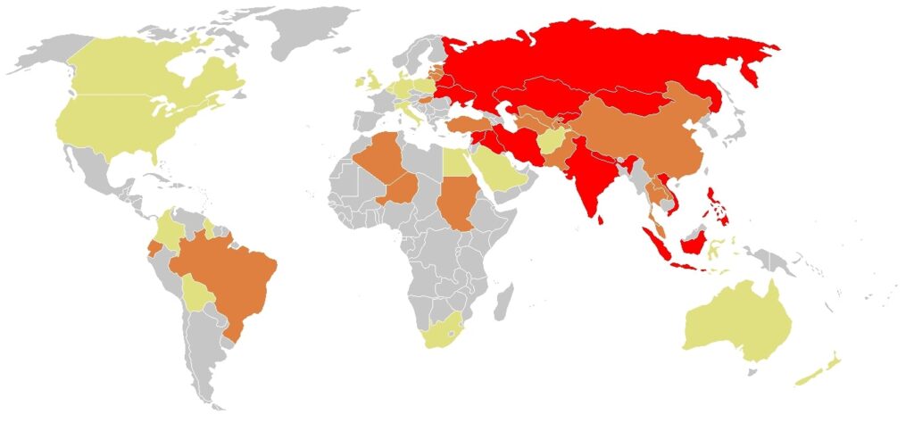 Paesi interessati dalla difterite dal 1997 al 2006 in base ai casi riportati dall'OMS