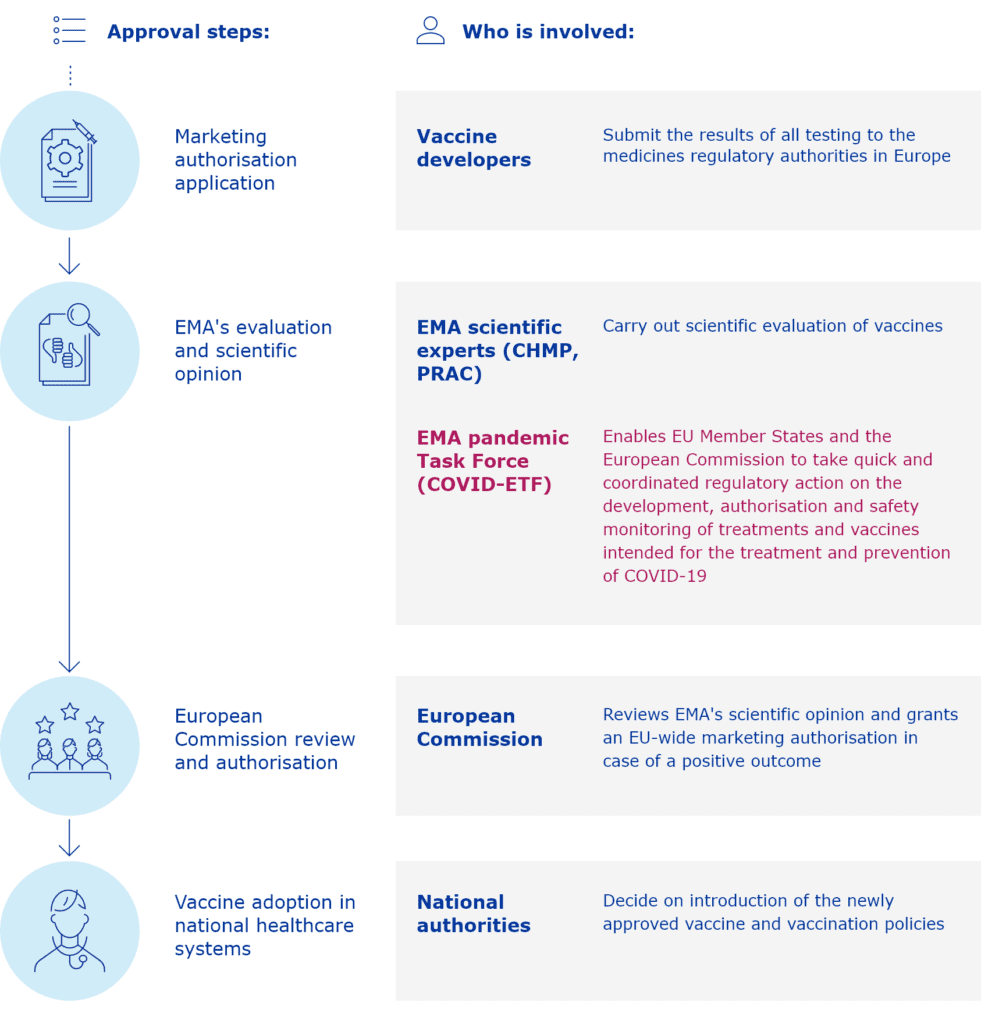 L'immagine riporta in blu tutte le figure coinvolte nella valutazione ed approvazione di un vaccino in situazioni standard. In rosa, è evidenziata la presenza della task force, nel caso dell'approvazione del vaccino per la Covid-19, che ha permesso di velocizzare i lunghi tempi burocratici. 