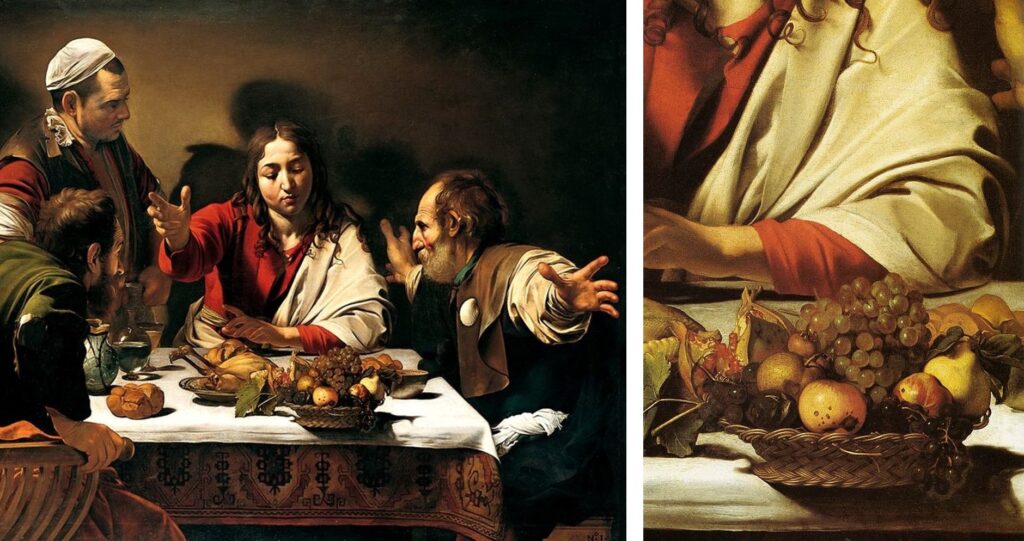 Cena di Emmaus (Caravaggio 1601-1602). A destra la cesta di frutta nel dettaglio.