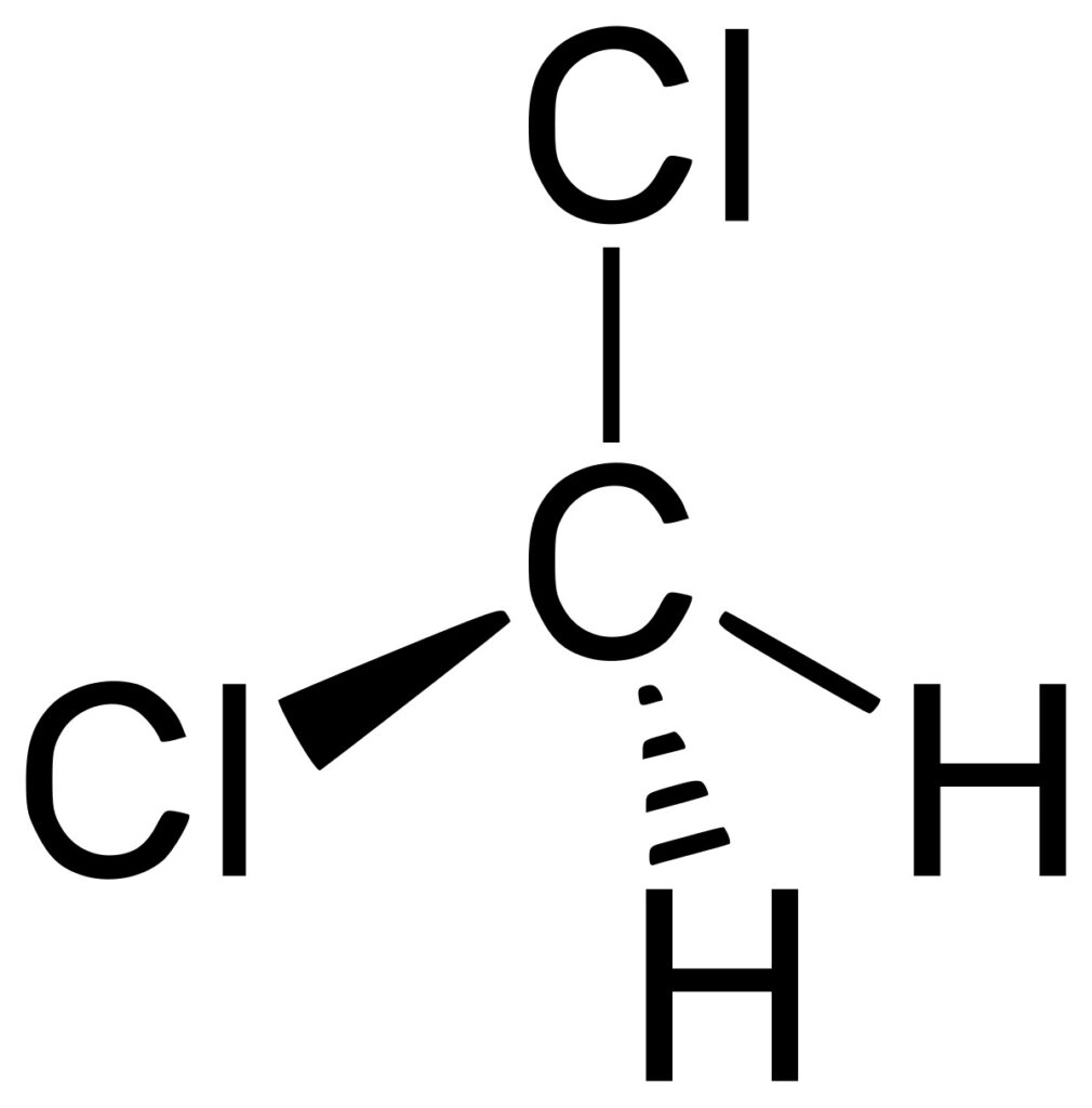 Struttura chimica del diclorometano, un esempio di solvente alogenato.