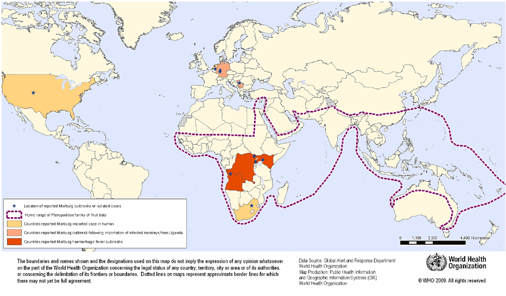 Figura 1 – Distribuzione geografica del virus Marburg. [Credits: WHO]