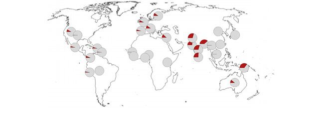 Cartina geografica che mostra la frequenza con cui compare la sequenza genica neandertaliana nel mondo.  [Crediti: Nature ]