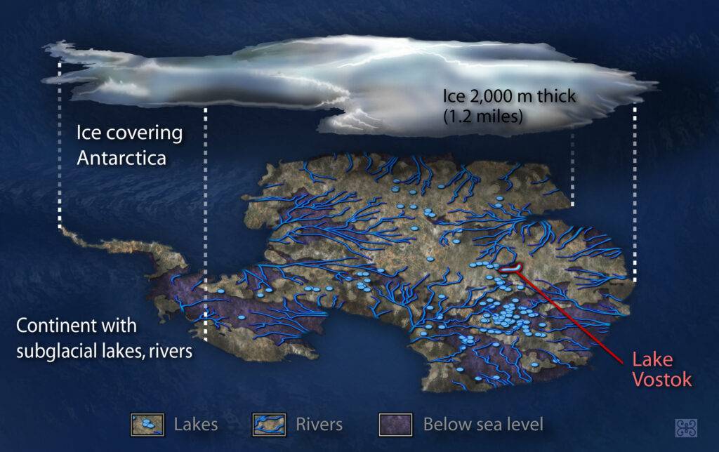 I laghi subglaciali conosciuti in Antartide, considerati dagli esobiologi dei modelli di riferimento ideali da cui partire per la ricerca di vita extraterrestre 