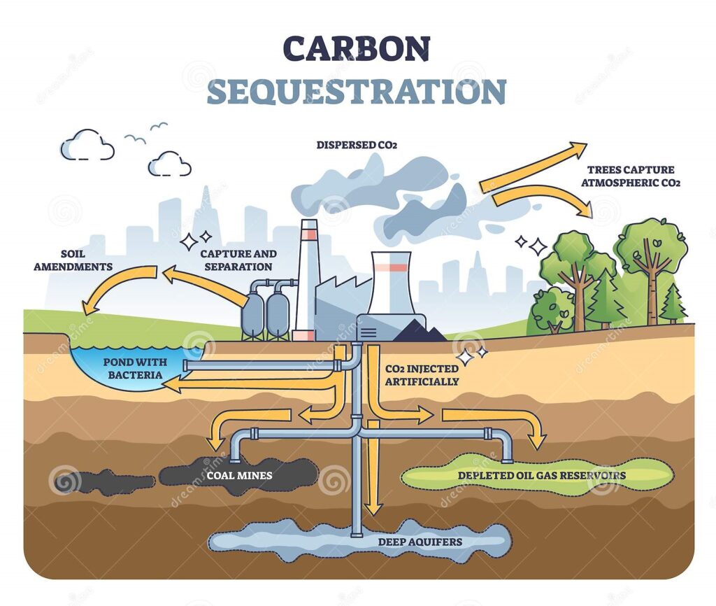 Sequestro del carbonio con schema di cattura e stoccaggio della CO2 nel sottosuolo, con sistema di tubazioni etichettato come soluzione ambientale ecologica per l'illustrazione vettoriale delle emissioni.