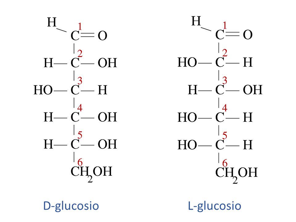 La molecola del glucosio è chirale e presenta due enantiomeri, ovvero il D-glucosio e l'L-glucosio, che sono speculari tra loro. Tuttavia, solo il D-glucosio è utilizzato e prodotto dagli organismi viventi.