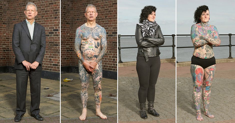 4 foto, 2 di cui mostrano persone vestite che sembrano di non avere tatuaggi, 2 foto di persone in mutande facendo vedere i loro tanti tatuaggi