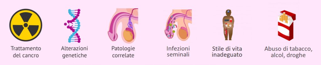 Tra le principali cause della teratozoospermia ricordiamo il trattamento delle malattie oncologiche, alterazioni genetiche, patologie associate all'apparato riproduttivo maschile o sue infezioni, stile di vita non salutare e, infine, l'abuso di sostanze come tabacco, alcol e droghe. - teratozoospermia