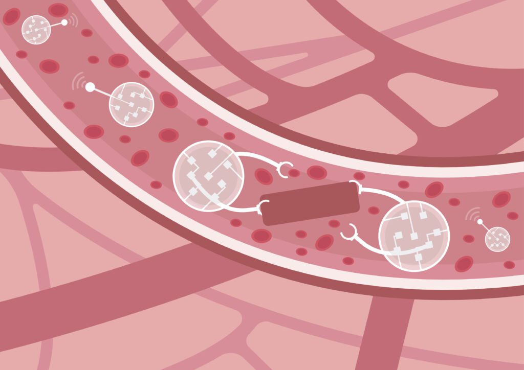 Rappresentazione schematica di nanobots in un vaso sanguigno.