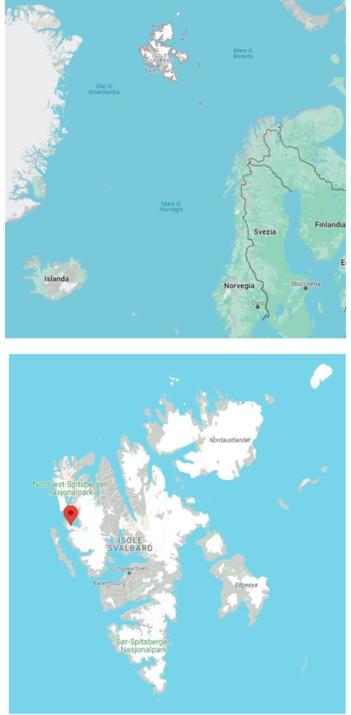 Tracce di creme solari e altri prodotti per la cura personale nei ghiacciai artici. Localizzazione delle isole Svalbard (in alto) e del villaggio di Ny-Ålesund (in basso) indicato con un puntatore rosso