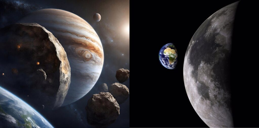 Rappresentazione di Giove come uno scudo che protegge la Terra da asteroidi. Luna e Terra