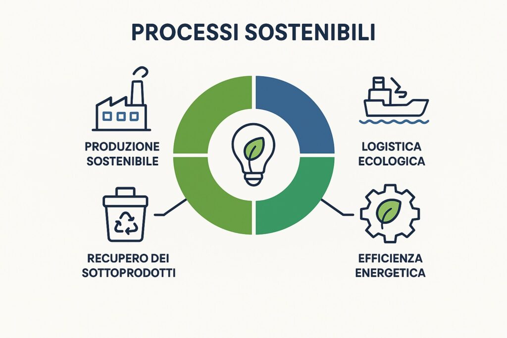 Infografica sui principi di sostenibilità ambientale: riduzione degli sprechi, efficienza energetica e utilizzo responsabile delle risorse.