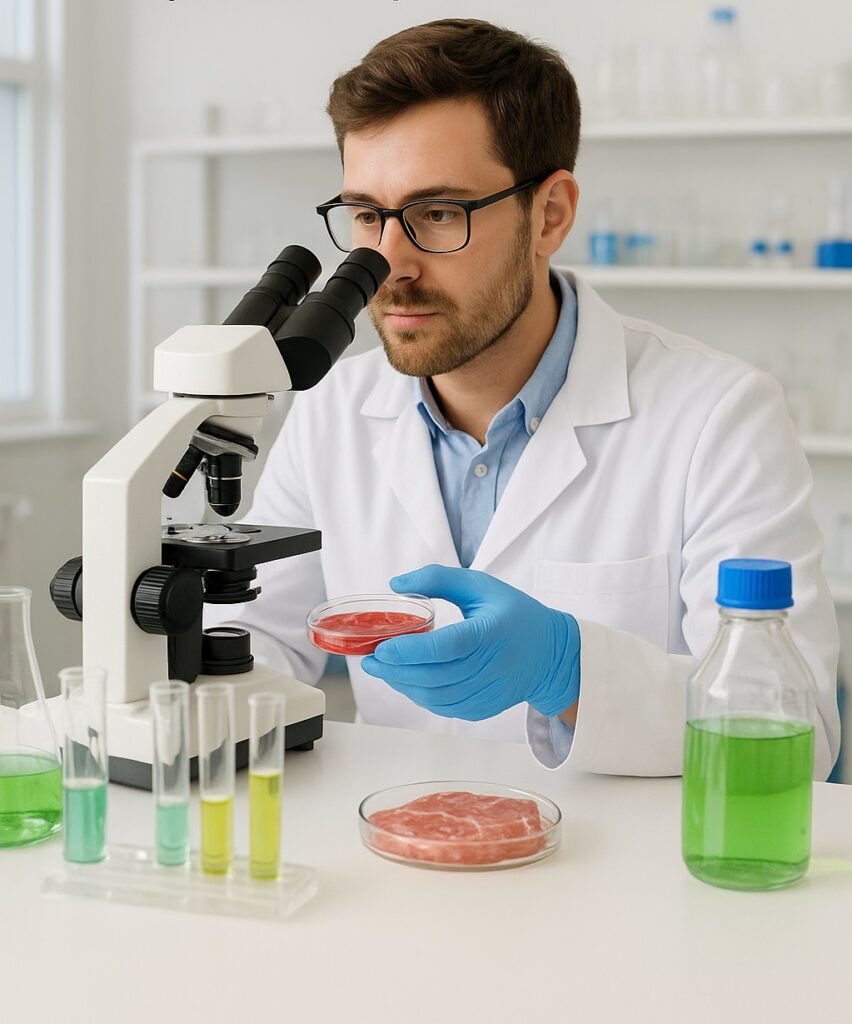 Tecnologo alimentare che analizza derrate in laboratorio.
