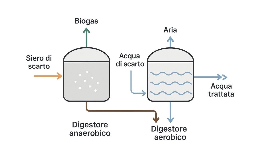 Schema semplificato di digestori aerobici e anaerobici utilizzati per la gestione sostenibile dei rifiuti e la produzione di energia.