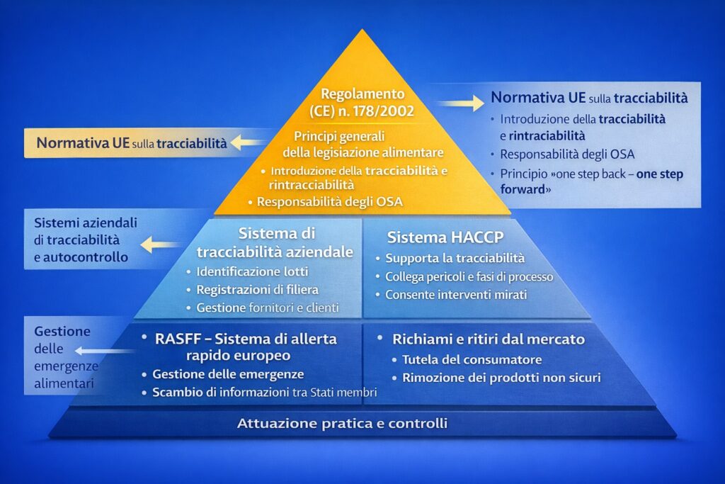 Rappresentazione schematica dei principali riferimenti normativi europei sulla tracciabilità e rintracciabilità degli alimenti, dal Regolamento (CE) n. 178/2002 fino ai sistemi di gestione aziendale, al sistema RASFF e alle attività di controllo e intervento sul mercato.