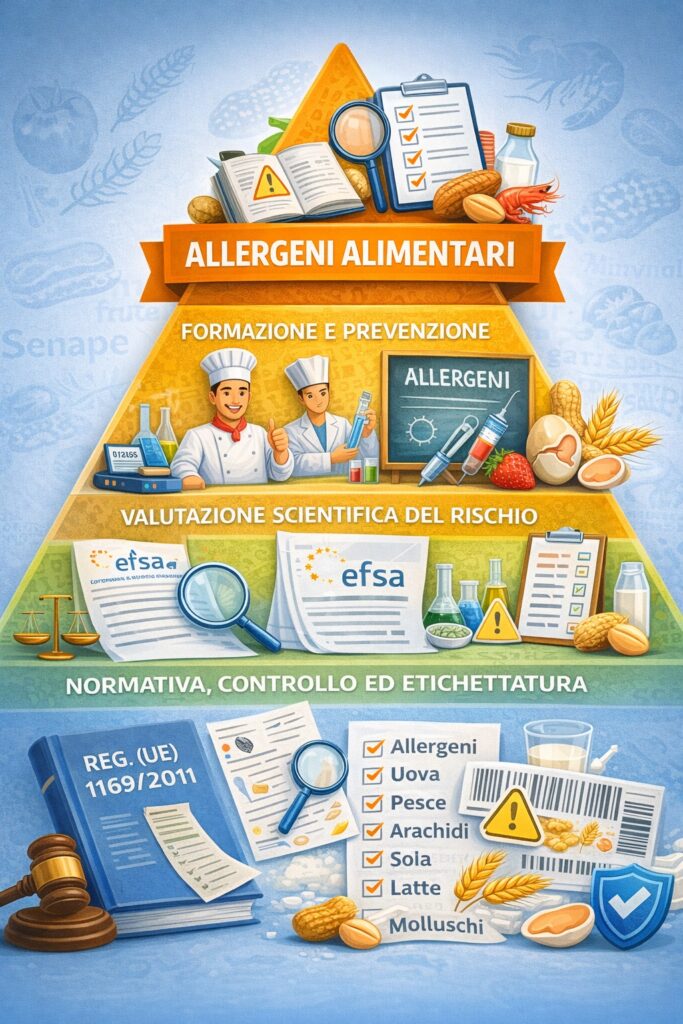 Schema piramidale della gestione degli allergeni alimentari: dall&rsquo;identificazione e formazione, alla valutazione scientifica del rischio, fino alla normativa europea e all&rsquo;etichettatura obbligatoria.