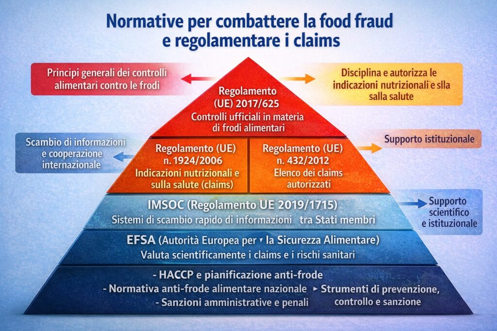 La rappresentazione schematizza i principali riferimenti europei che regolano la lotta alla food fraud e l&rsquo;uso delle indicazioni nutrizionali e sulla salute: alla base il supporto scientifico dell&rsquo;EFSA e i sistemi di cooperazione e scambio informativo (IMSOC), al centro la disciplina dei claims autorizzati, fino ai controlli ufficiali e ai principi generali di tutela del consumatore.