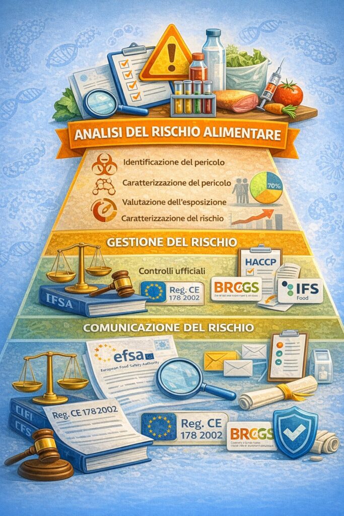 Piramide dell’analisi del rischio alimentare: rappresentazione dei principali livelli del sistema europeo di sicurezza alimentare, dalla valutazione scientifica del rischio alla gestione normativa e alla comunicazione verso operatori e consumatori.