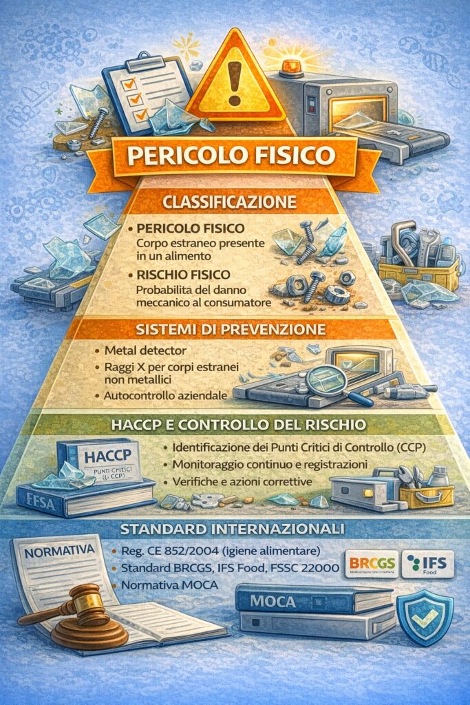 schema rappresentativo dei principali elementi di prevenzione e controllo, dalla normativa europea e dal sistema HACCP fino ai sistemi tecnologici di rilevazione e alle buone pratiche di produzione lungo la filiera alimentare.