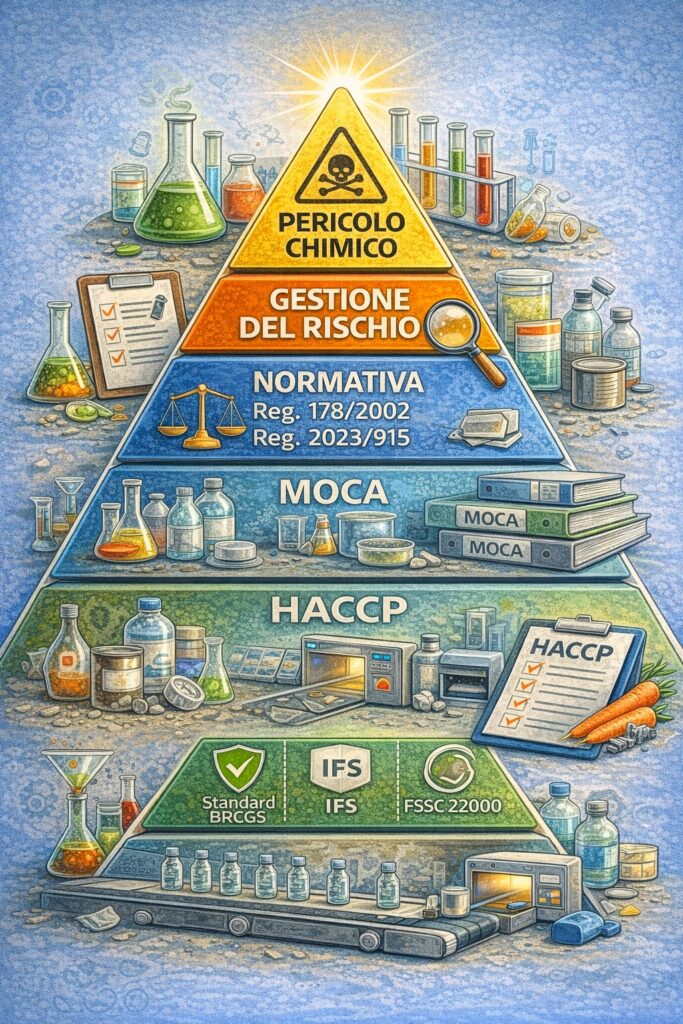 rappresentazione dei principali livelli di gestione del rischio chimico, dalla valutazione tossicologica scientifica (ADI, TDI) alla normativa europea sui contaminanti, fino all’applicazione operativa nei sistemi HACCP e negli standard internazionali di sicurezza alimentare.