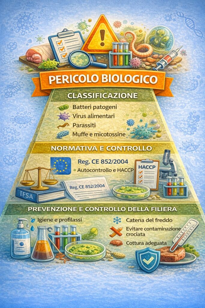 Piramide del pericolo biologico nella sicurezza alimentare: rappresentazione dei principali agenti biologici, del quadro normativo europeo e delle strategie di prevenzione e controllo applicate lungo la filiera alimentare.