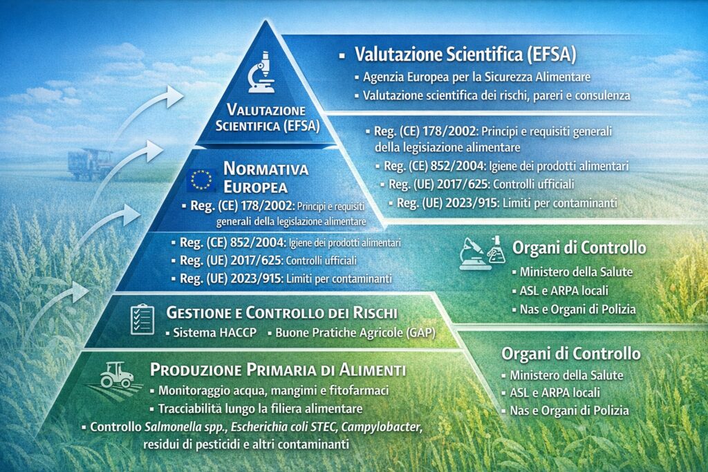Per quanto riguarda la rappresentazione gerarchica del sistema europeo di sicurezza alimentare applicato alla produzione primaria: al vertice la valutazione scientifica del rischio (EFSA), seguita dalla normativa europea di riferimento (Reg. (CE) 178/2002, Reg. (CE) 852/2004, Reg. (UE) 2017/625, Reg. (UE) 2023/915), dalla gestione e controllo dei rischi tramite HACCP e Buone Pratiche Agricole (GAP), fino alla base operativa costituita dalla produzione primaria. Inoltre a supporto del sistema intervengono gli organi ufficiali di controllo (Ministero della Salute, ASL, NAS), garantendo vigilanza, conformit&agrave; normativa e tutela della salute pubblica lungo l&rsquo;intera filiera.