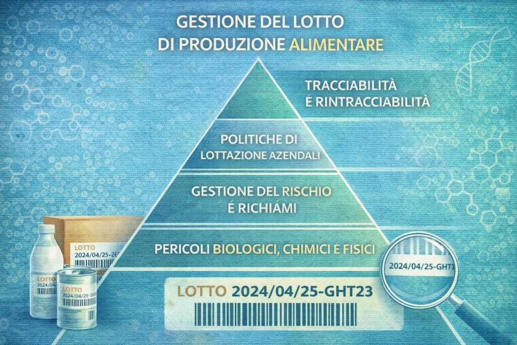 Piramide della gestione del lotto di produzione alimentare.
L’infografica rappresenta i principali livelli di gestione del lotto di produzione nel settore alimentare. Alla base sono evidenziati i pericoli biologici, chimici e fisici associati agli alimenti, che costituiscono il punto di partenza per la valutazione del rischio. I livelli intermedi includono la gestione del rischio e dei richiami, nonché l’adozione di politiche aziendali di lottizzazione, fondamentali per garantire il controllo dei processi produttivi. Al vertice si colloca la tracciabilità e rintracciabilità, elementi chiave per identificare rapidamente i prodotti non conformi e tutelare la salute del consumatore lungo tutta la filiera alimentare.