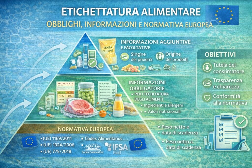 Piramide dell’etichettatura alimentare nel quadro normativo europeo.
L’infografica rappresenta i principali livelli che regolano l’etichettatura degli alimenti nell’Unione europea. Alla base si colloca il quadro normativo di riferimento, in particolare il Regolamento (UE) n. 1169/2011 relativo alla fornitura di informazioni sugli alimenti ai consumatori, insieme ad altre disposizioni europee in materia di indicazioni nutrizionali, origine degli alimenti e tutela del consumatore. I livelli intermedi illustrano le informazioni obbligatorie in etichetta, tra cui ingredienti, allergeni, valori nutrizionali, quantità netta e data di scadenza o termine minimo di conservazione. Il livello superiore comprende le informazioni aggiuntive e volontarie, come indicazioni nutrizionali o claim specifici, finalizzate a migliorare trasparenza, tracciabilità e comunicazione verso il consumatore.
