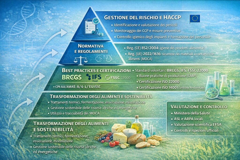 Piramide della sicurezza e della gestione dei processi nella trasformazione degli alimenti.
La piramide rappresenta la struttura gerarchica del sistema di sicurezza alimentare applicato ai processi di trasformazione. Alla base si collocano le attività operative di trasformazione (trattamenti termici, fermentazione, essiccazione e altre tecnologie alimentari), integrate con principi di sostenibilità e gestione delle risorse. I livelli superiori includono l’applicazione delle buone pratiche di produzione (GMP) e degli standard volontari di certificazione (BRCGS, IFS, FSSC 22000), la normativa europea in materia di igiene e sicurezza alimentare e, al vertice, i sistemi di gestione del rischio e controllo basati sull’HACCP, finalizzati alla prevenzione dei pericoli microbiologici, chimici e fisici lungo l’intero processo produttivo.
