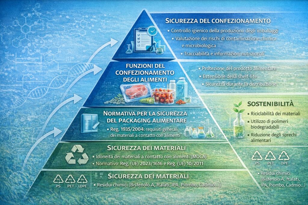 Piramide della sicurezza e della gestione del confezionamento degli alimenti.
La piramide rappresenta i principali livelli del sistema di sicurezza applicato al confezionamento alimentare. Alla base si colloca la sicurezza dei materiali a contatto con gli alimenti (MOCA) e la conformità ai requisiti normativi europei. I livelli intermedi riguardano la normativa sul packaging alimentare e le funzioni tecnologiche del confezionamento, come la protezione del prodotto, l’estensione della shelf-life e la sicurezza durante la distribuzione. Al vertice si colloca la gestione della sicurezza del confezionamento, che include la valutazione dei rischi di contaminazione chimica e microbiologica, il controllo igienico dei processi e la tracciabilità . L’infografica evidenzia inoltre l’importanza della sostenibilità dei materiali di imballaggio, della riciclabilità e della riduzione degli sprechi alimentari lungo la filiera.