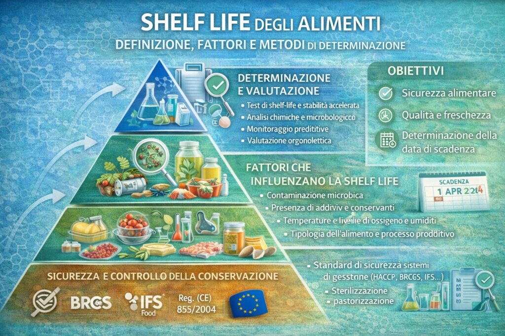 Piramide dei fattori che influenzano la shelf life degli alimenti.
In sintesi l&rsquo;infografica rappresenta i principali elementi coinvolti nella determinazione della shelf life dei prodotti alimentari. Come possiamo notare, alla base sono evidenziati i sistemi di gestione della sicurezza e le normative applicabili, seguiti dai fattori che influenzano la stabilit&agrave; del prodotto (contaminazione microbiologica, composizione dell&rsquo;alimento, condizioni di conservazione e presenza di additivi). Mentre nei livelli superiori sono illustrati i metodi utilizzati per la determinazione della shelf life, tra cui test di stabilit&agrave;, analisi microbiologiche e chimiche, modelli predittivi e valutazioni organolettiche, finalizzati a garantire sicurezza alimentare, qualit&agrave; e corretta definizione della data di scadenza.