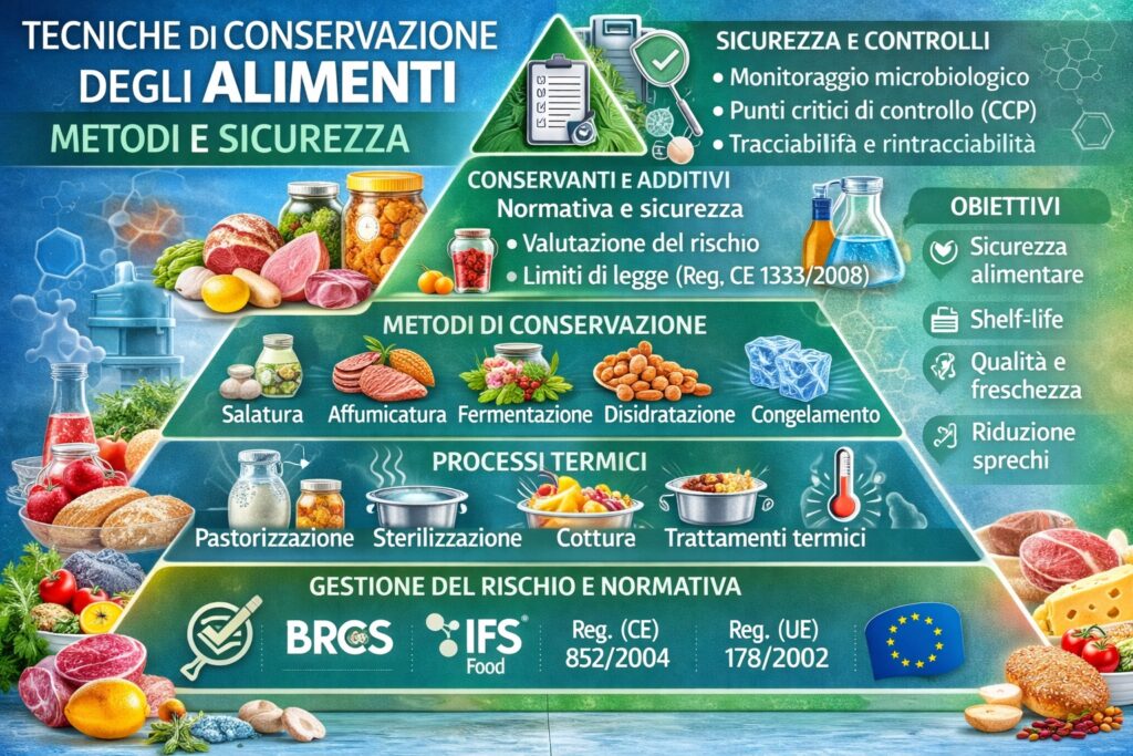 Schema che rappresenta i principali livelli della sicurezza nella conservazione degli alimenti: alla base la gestione del rischio microbiologico e la sostenibilità del prodotto, seguiti dai metodi di conservazione (salatura, affumicatura, fermentazione, disidratazione, congelamento e trattamenti termici). I livelli superiori includono il quadro normativo europeo, l’applicazione dei sistemi di autocontrollo come l’HACCP e le attività di monitoraggio e verifica finalizzate a garantire sicurezza alimentare, qualità e shelf-life dei prodotti.