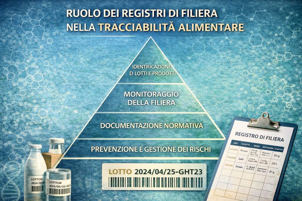 Piramide del ruolo dei registri di filiera nella tracciabilità alimentare.
L’infografica rappresenta i principali livelli di gestione dei registri di filiera nel sistema di tracciabilità alimentare. Alla base si colloca la prevenzione e gestione dei rischi, fondamentale per identificare e controllare pericoli biologici, chimici e fisici. I livelli intermedi comprendono la documentazione normativa, necessaria per garantire conformità legislativa, e il monitoraggio della filiera, che consente il controllo continuo delle fasi produttive e distributive. Al vertice si trova l’identificazione dei lotti e dei prodotti, elemento chiave per assicurare la rintracciabilità, facilitare eventuali richiami e tutelare la sicurezza del consumatore.