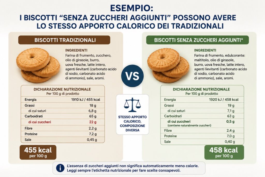 Confronto tra biscotti tradizionali e biscotti “senza zuccheri aggiunti”.
L’immagine evidenzia come un claim nutrizionale quale “senza zuccheri aggiunti” non implichi necessariamente un ridotto apporto energetico rispetto ai prodotti tradizionali. Sebbene la formulazione possa prevedere la sostituzione dello zucchero con altri ingredienti o edulcoranti, il contenuto calorico finale può rimanere simile a causa della presenza di grassi, farine o altri componenti energetici. Il confronto delle etichette nutrizionali rappresenta quindi uno strumento fondamentale per effettuare scelte alimentari consapevoli.