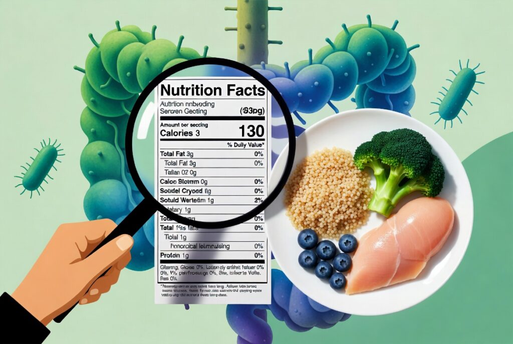 Educazione alimentare significa anche saper confrontare con attenzione le etichette. Nella foto a sinistra un prodotto tradizionale, a destra la versione free from (senza zuccheri aggiunti). Le frecce evidenziano come spesso i claim “senza” nascondano un contenuto maggiore di grassi o calorie per compensare sapore e consistenza. Leggere sempre la lista degli ingredienti e la tabella nutrizionale è il modo più efficace per fare scelte consapevoli e proteggere la salute del microbiota intestinale.