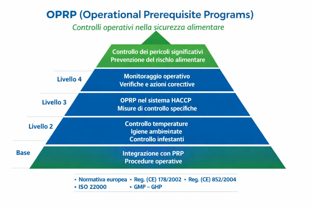 Struttura gerarchica degli OPRP (Operational Prerequisite Programs) La piramide illustra la progressione dei controlli operativi nella sicurezza alimentare, dal livello base normativo (Reg. CE 178/2002, 852/2004, ISO 22000, GMP–GHP) fino al vertice dedicato alla prevenzione dei pericoli significativi. Ogni livello rappresenta un grado crescente di specificità e monitoraggio: dalle procedure operative e integrazione con i PRP, al controllo ambientale e delle temperature, fino alle misure di verifica e azione correttiva. L’insieme costituisce il sistema OPRP all’interno dell’HACCP, volto alla prevenzione del rischio alimentare e alla garanzia della sicurezza dei prodotti.
