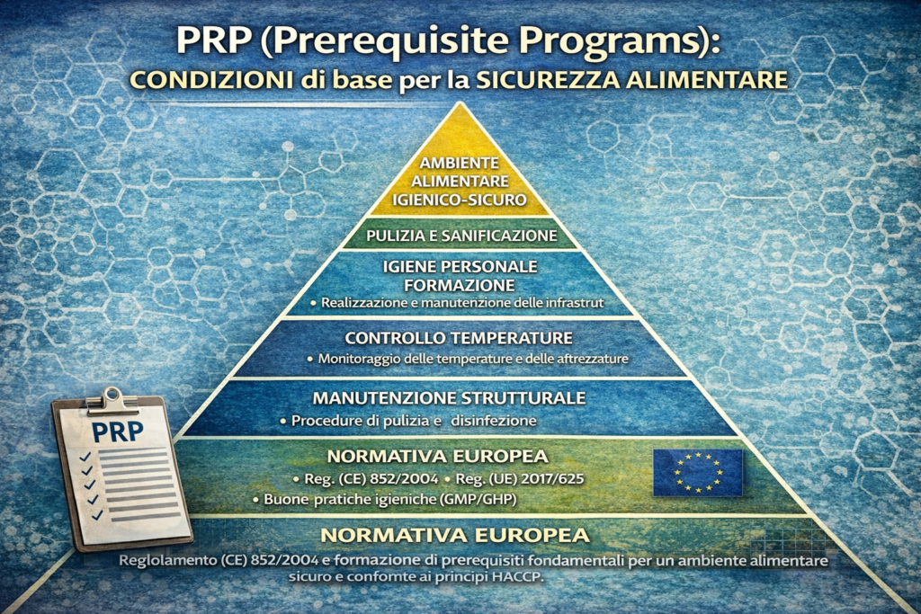 Piramide dei PRP (Prerequisite Programs) nella sicurezza alimentare.
L’infografica rappresenta il ruolo dei PRP (Prerequisite Programs) come condizioni di base per garantire un ambiente igienico-sanitario adeguato nella filiera alimentare. Alla base si colloca la normativa europea, in particolare il Reg. (CE) 852/2004 e il Reg. (UE) 2017/625, insieme alle buone pratiche igieniche (GHP) e di produzione (GMP). Per quanto riguarda, i livelli intermedi includono elementi fondamentali quali manutenzione strutturale, controllo delle temperature, igiene del personale e sanificazione, che assicurano il controllo delle condizioni operative. Infine, al vertice si trova la realizzazione di un ambiente alimentare igienicamente sicuro, prerequisito indispensabile per l’efficace applicazione del sistema HACCP e la prevenzione dei rischi alimentari.