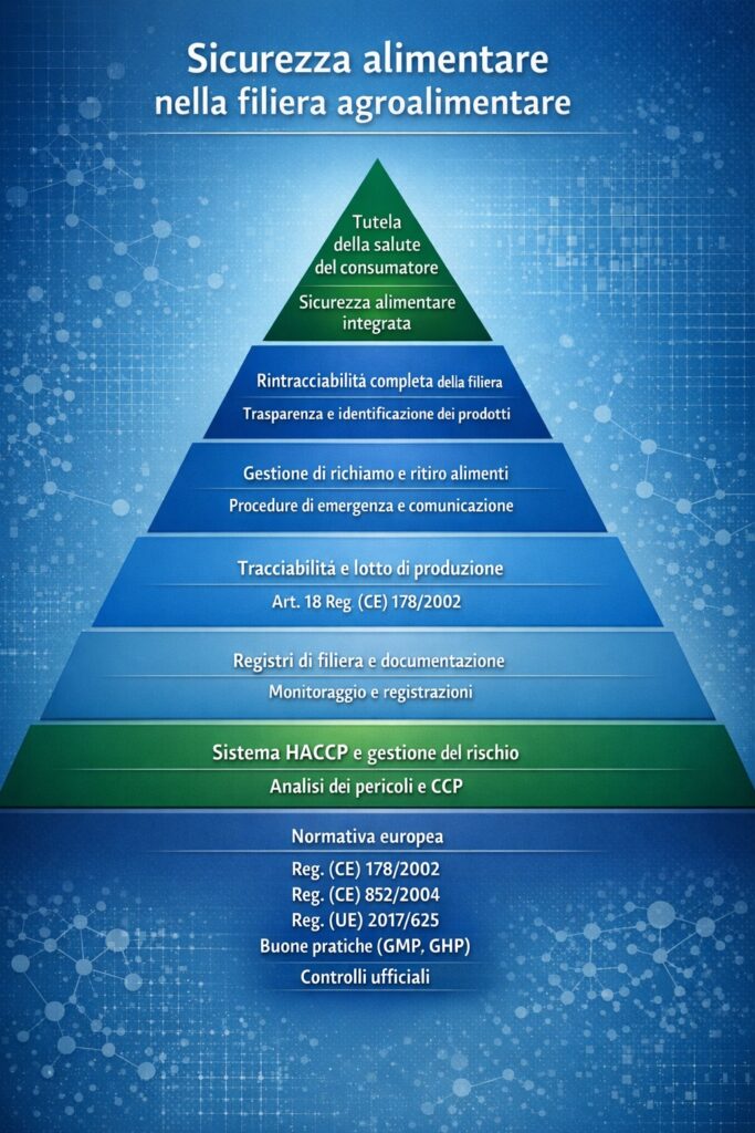 Super-piramide della sicurezza alimentare nella filiera agroalimentare.
In sintesi, l’infografica rappresenta il sistema integrato della sicurezza alimentare, evidenziando la relazione tra normativa, gestione del rischio e strumenti operativi. Di seguito, alla base si collocano la normativa europea e le buone pratiche, fondamentali per garantire condizioni igienico-sanitarie adeguate. Successivamente, i livelli intermedi includono il sistema HACCP, i registri di filiera e la tracciabilità dei lotti, strumenti essenziali per il controllo e la documentazione dei processi. I livelli superiori riguardano la gestione di ritiro e richiamo degli alimenti e la rintracciabilità completa, che consentono di intervenire tempestivamente in caso di rischio. Infine, al vertice si colloca la tutela della salute del consumatore, obiettivo finale dell’intero sistema di sicurezza alimentare.