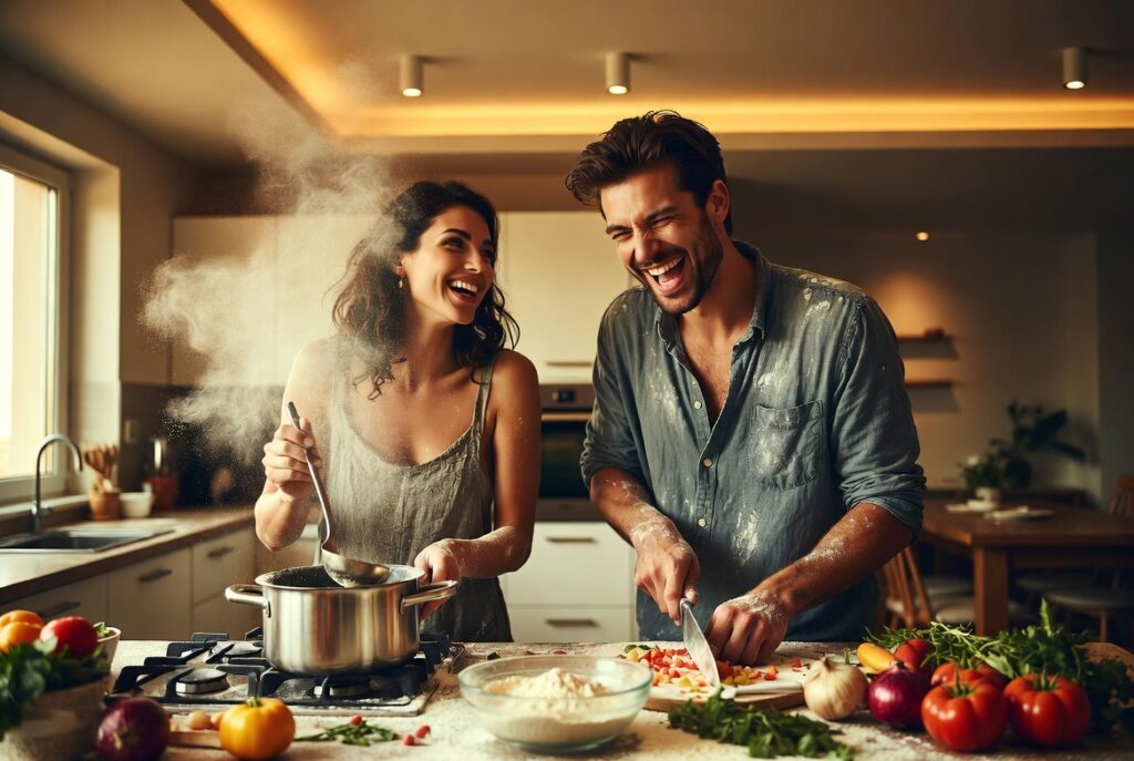 Ilarità in cucina – due amici ridono mentre preparano un pasto insieme, prospettiva psicosociale sull’umorismo in cucina