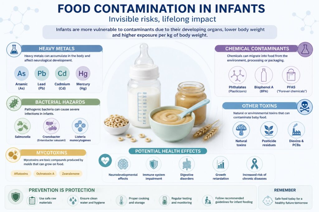 Un’infografica chiara e scientifica che mostra i principali contaminanti negli alimenti per l’infanzia (metalli pesanti, batteri, tossine) con stile pulito e colori pastello