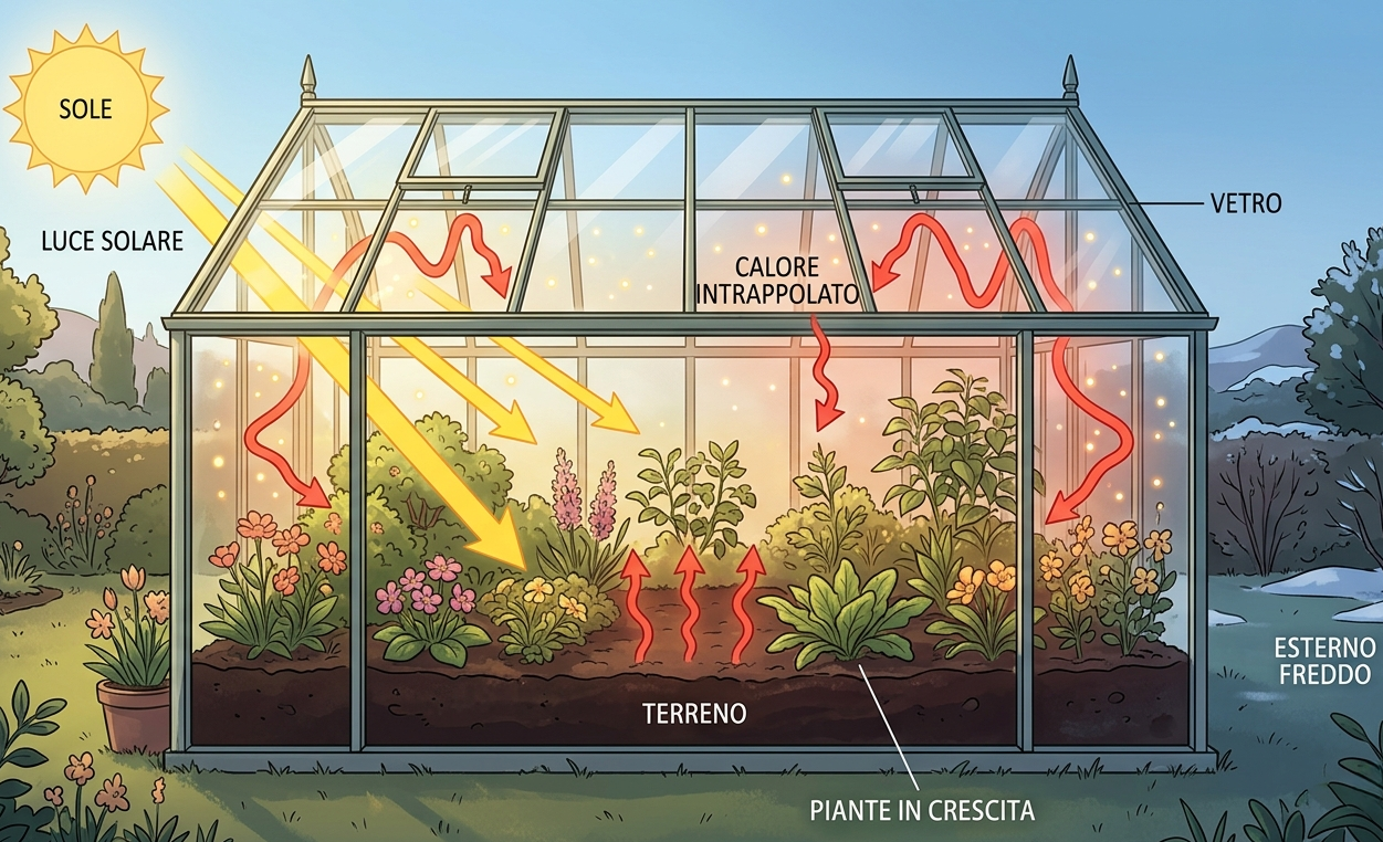 Figura 1 - Osservare il funzionamento di una serra è la chiave per comprendere la crisi climatica: come il vetro trattiene il calore, così fanno i gas serra presenti in atmosfera riscaldando il pianeta.