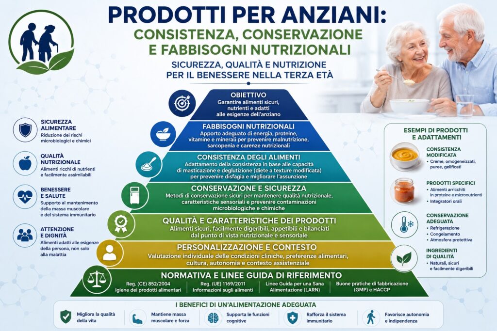 Come possiamo notare nella piramide normativa e gestione degli alimenti destinati alla popolazione anziana, dalla regolamentazione alla pratica operativa.