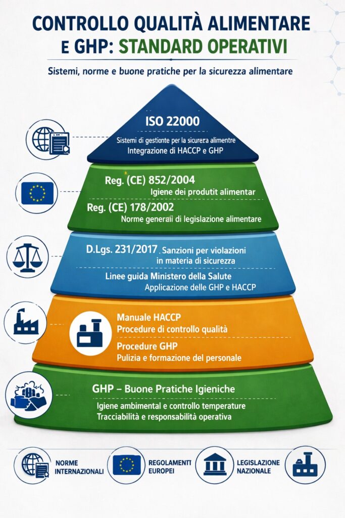 Piramide della normativa per il controllo qualità alimentare e le GHP. Nello specifico, la piramide illustra la gerarchia delle principali norme e buone pratiche che regolano la sicurezza alimentare. Dalla base operativa delle GHP (Good Hygiene Practices) fino al vertice rappresentato dalla ISO 22000, ogni livello integra principi di igiene, tracciabilità e responsabilità aziendale. In sintesi, l’insieme costituisce il quadro normativo di riferimento per garantire la qualità dei prodotti alimentari e la tutela del consumatore.