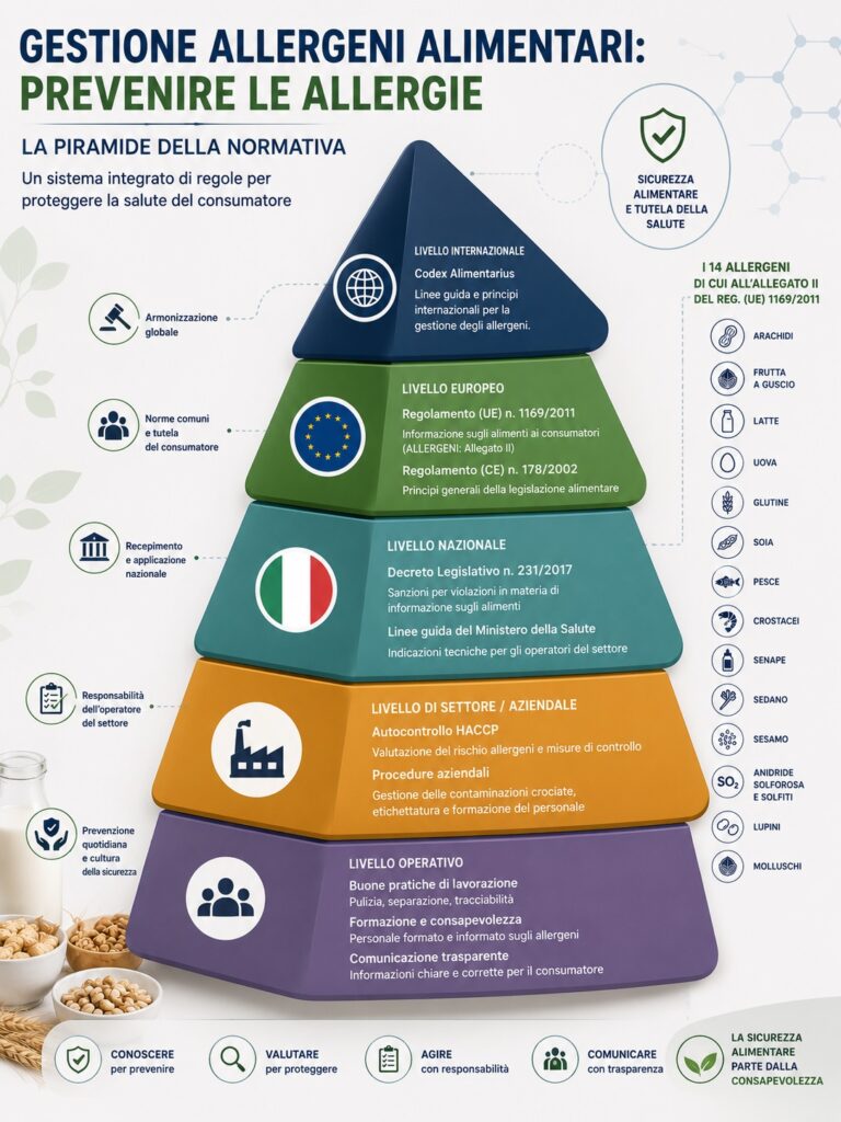 L’infografica rappresenta la struttura normativa e organizzativa della gestione allergeni alimentari, evidenziando i diversi livelli di responsabilità e controllo lungo la filiera. Alla base si collocano le buone pratiche operative, la formazione del personale e la comunicazione trasparente verso il consumatore, elementi fondamentali per prevenire contaminazioni crociate. I livelli intermedi includono il sistema HACCP, le procedure aziendali e la normativa europea, in particolare il Regolamento (UE) n. 1169/2011 relativo all’informazione sugli allergeni e il Regolamento (CE) n. 178/2002 sui principi generali della legislazione alimentare. Al vertice della piramide si trova la tutela della salute del consumatore, obiettivo principale della prevenzione delle allergie alimentari e della sicurezza alimentare integrata.