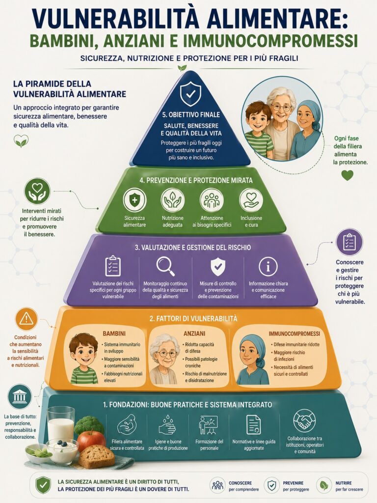 Figura 1 - L’infografica rappresenta i principali elementi della vulnerabilità alimentare nei bambini, negli anziani e nei soggetti immunocompromessi, evidenziando l’importanza di un approccio integrato basato su prevenzione, sicurezza alimentare e gestione del rischio. Infatti, alla base della piramide si trovano le buone pratiche igieniche, la formazione del personale e il controllo della filiera alimentare, fondamentali per garantire alimenti sicuri. Nello specifico, i livelli intermedi riguardano l’identificazione dei fattori di vulnerabilità, il monitoraggio dei rischi microbiologici e nutrizionali e l’adozione di misure preventive mirate. infine, al vertice si colloca la tutela della salute e della qualità della vita dei soggetti più fragili, obiettivo centrale della sicurezza alimentare moderna.